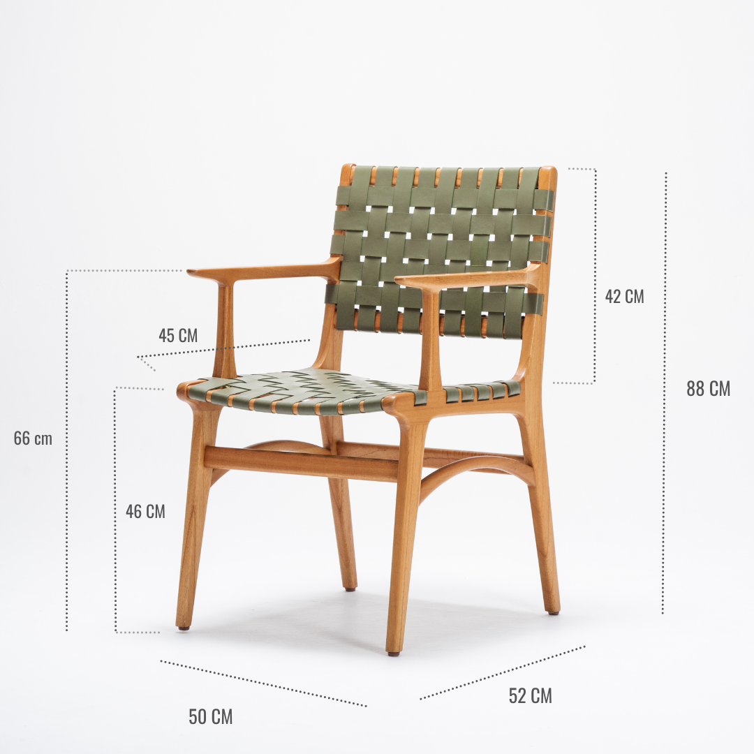 Full-Grain Sage Leather Woven Armchair - dining chairs with resting arm - Larkwood Furniture