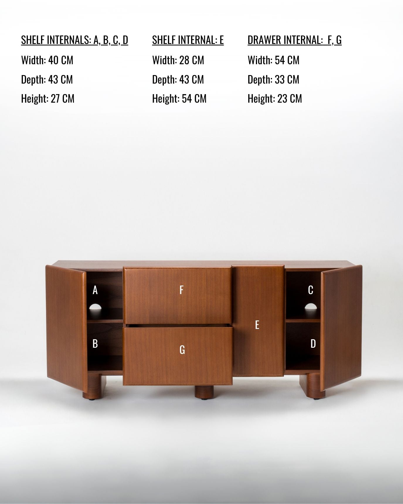 Wooden cabinet with labeled shelves and drawers on a white background