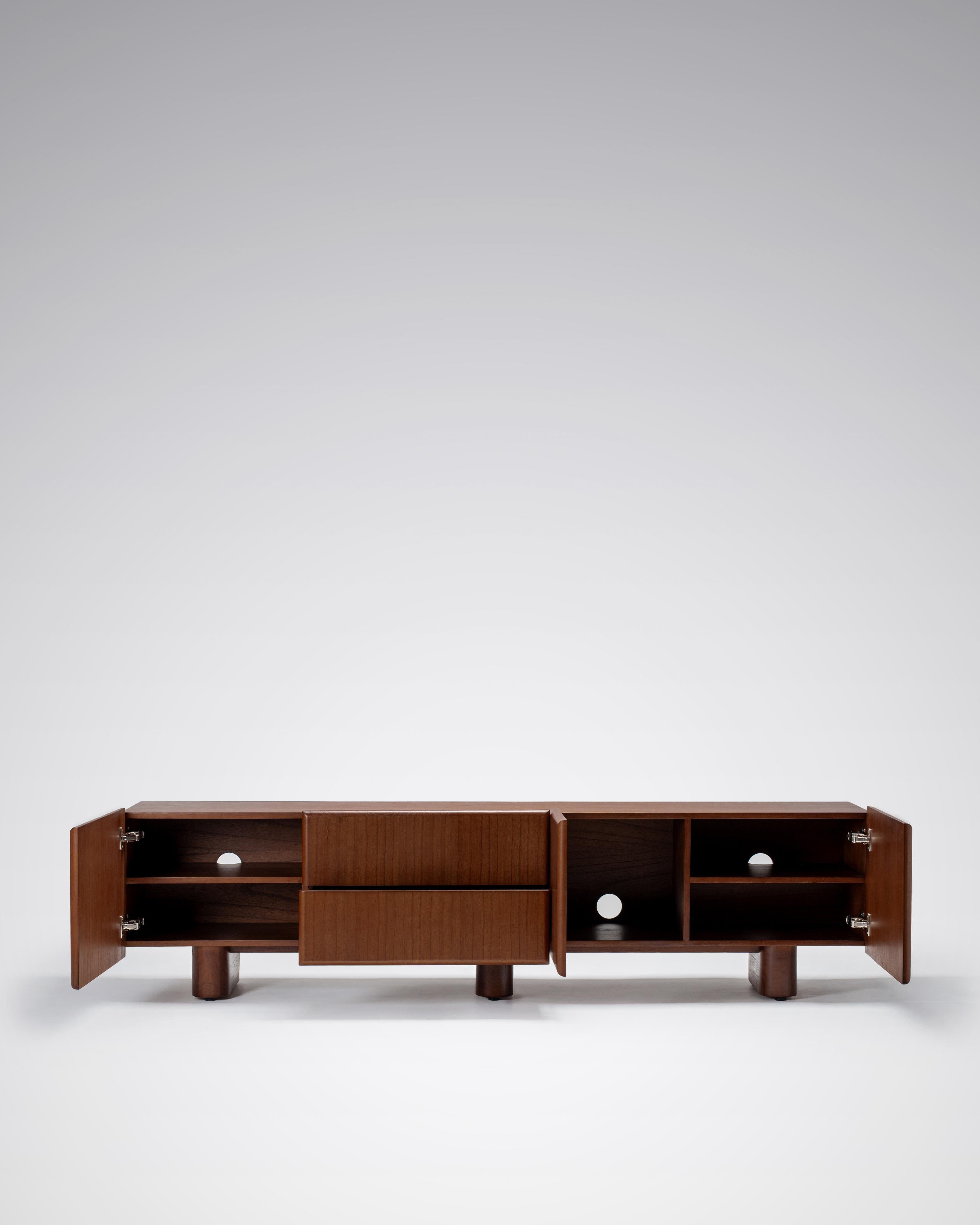 Wooden entertainment console with open shelves and drawers