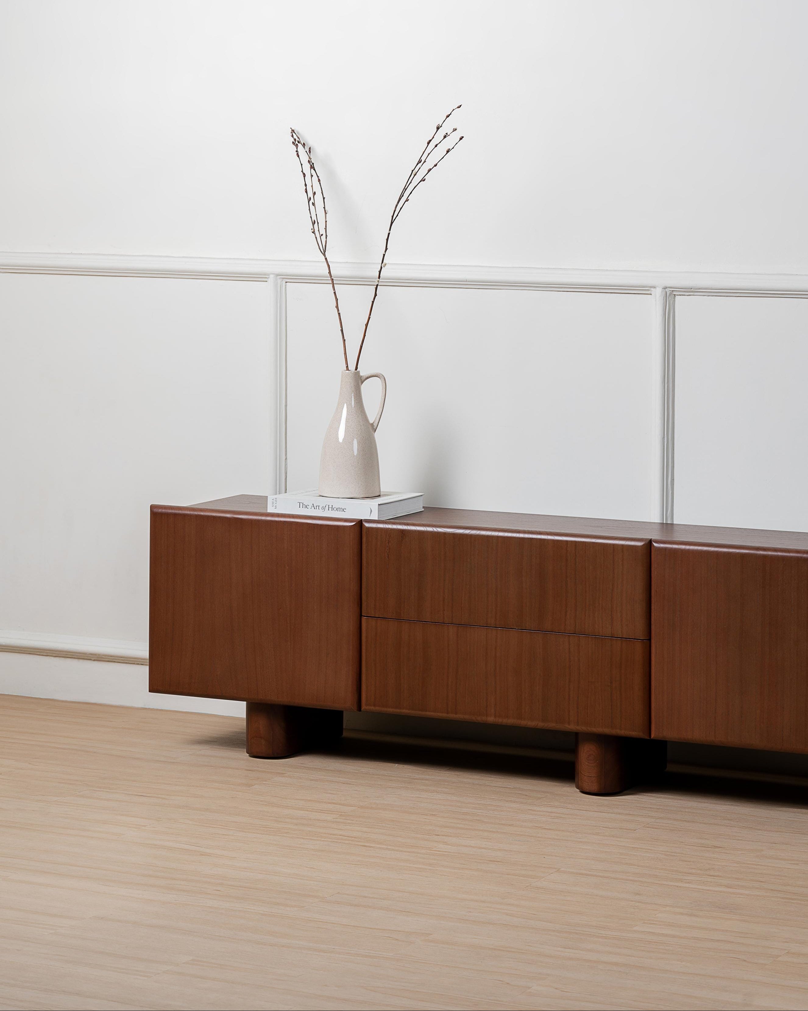 220 cm dark solid wood entertainment unit with drawers and doors