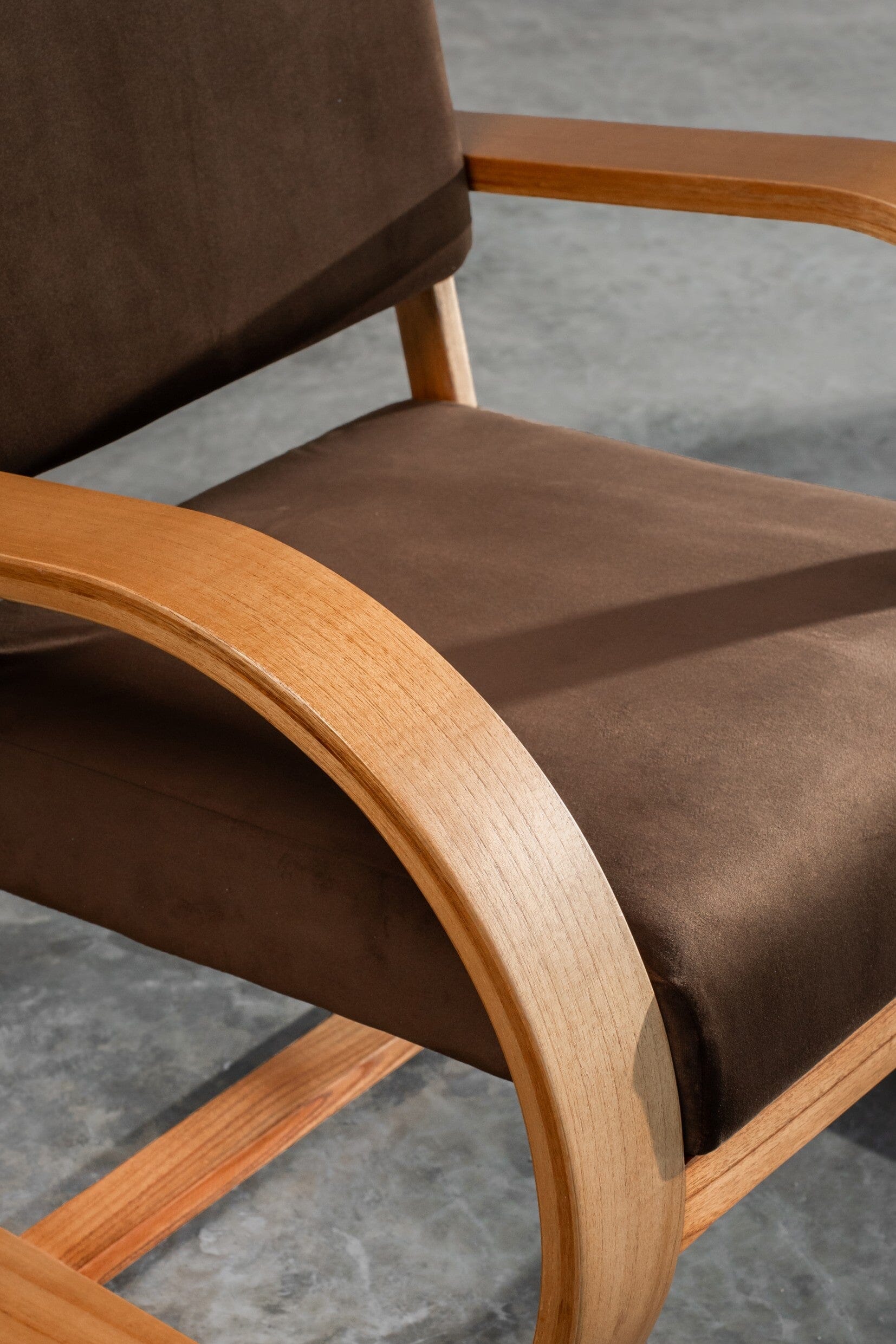 french modernist armchair - brown fabric velvet - larkwood furniture
