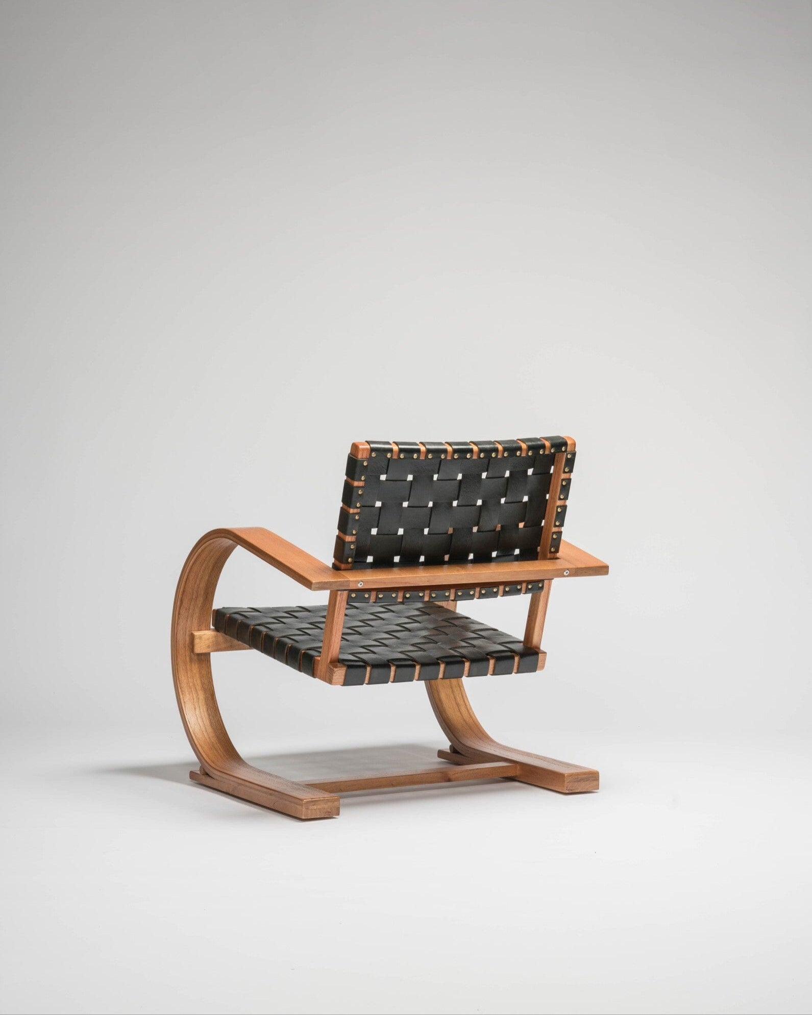French Modernist Armchair Leather Woven - black leather armchair - Larkwood Furniture