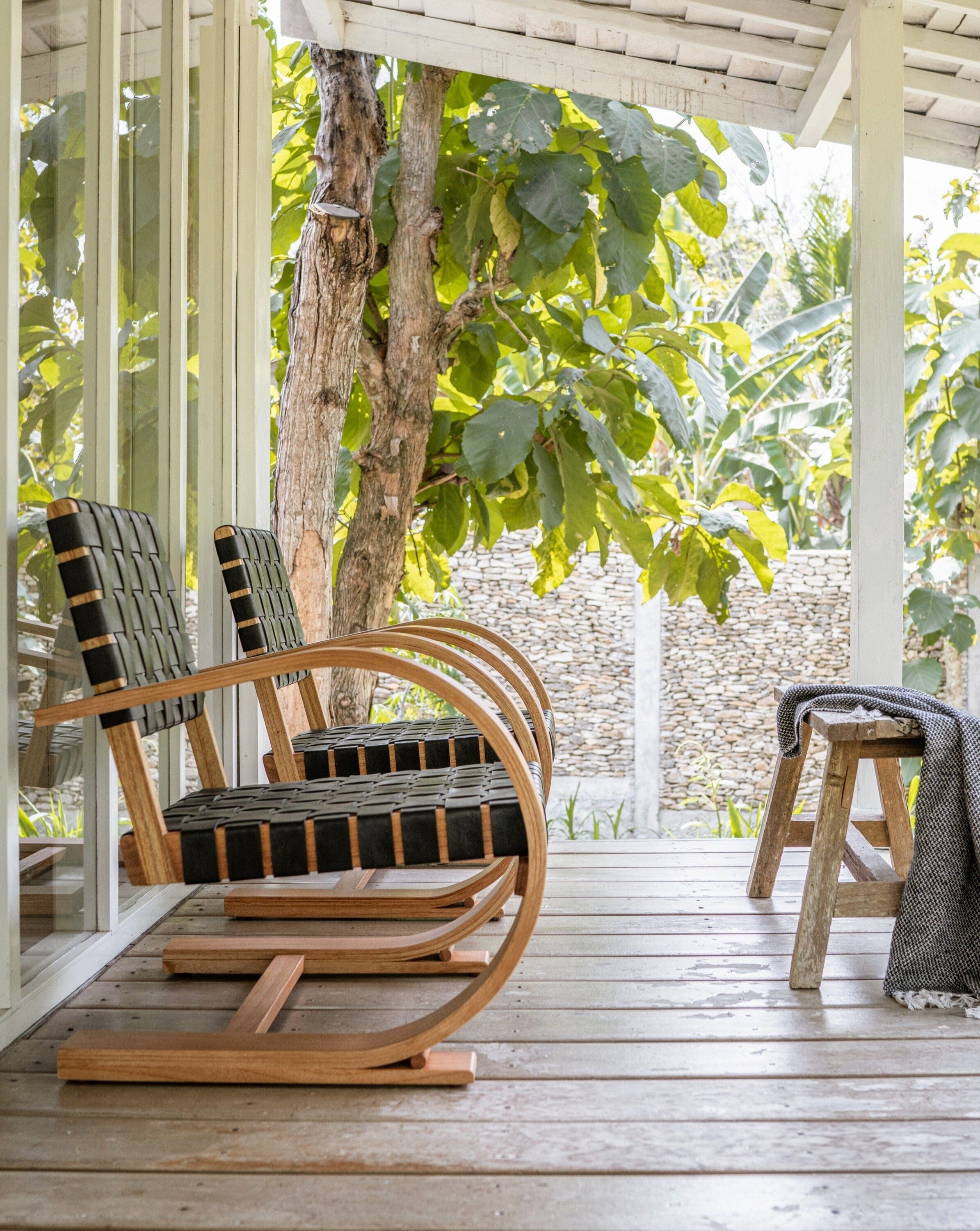 French Modernist Armchair Leather Woven - wooden chair with arms - Larkwood Furniture