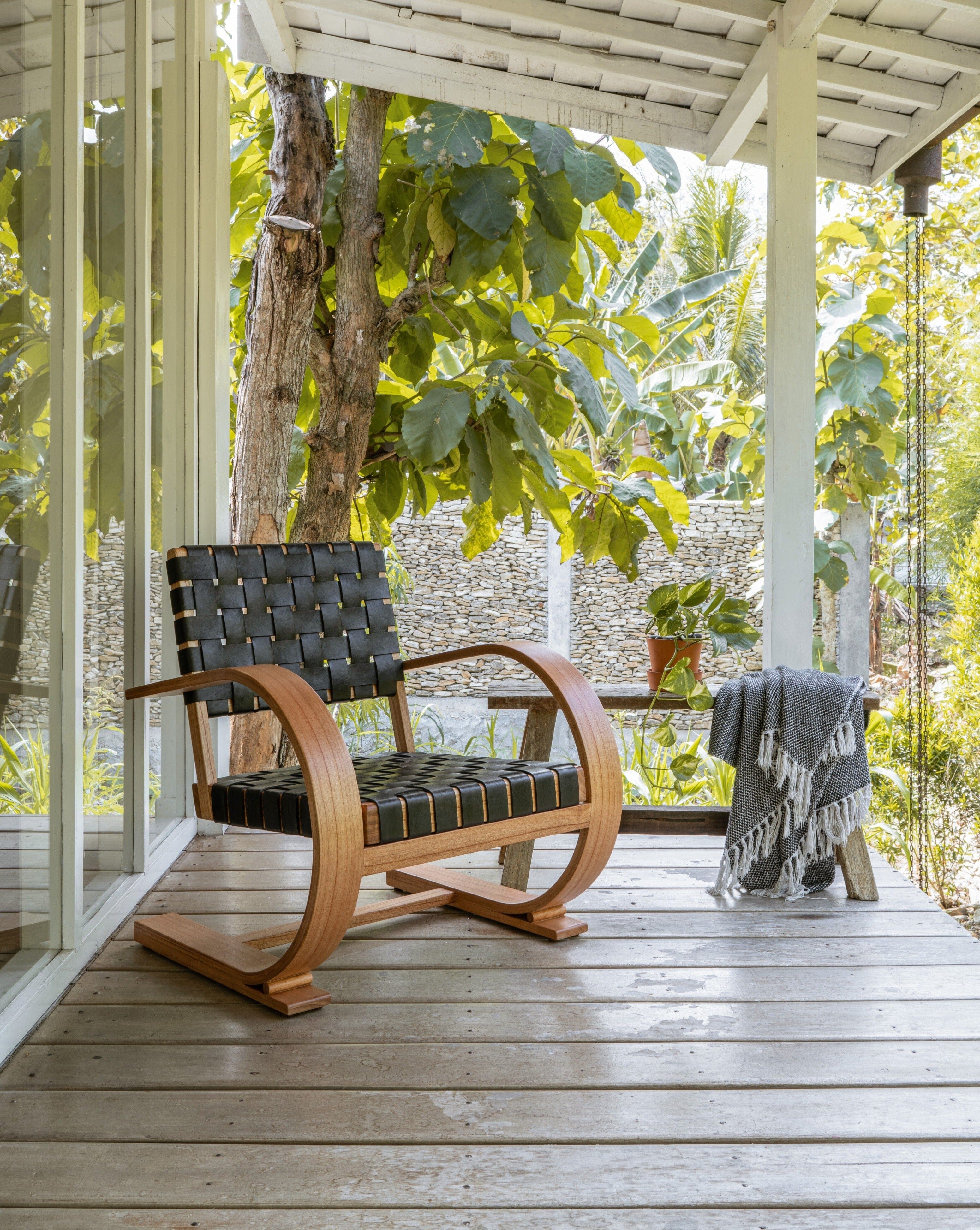 French Modernist Armchair Leather Woven - wooden armchairs leather - Larkwood Furniture