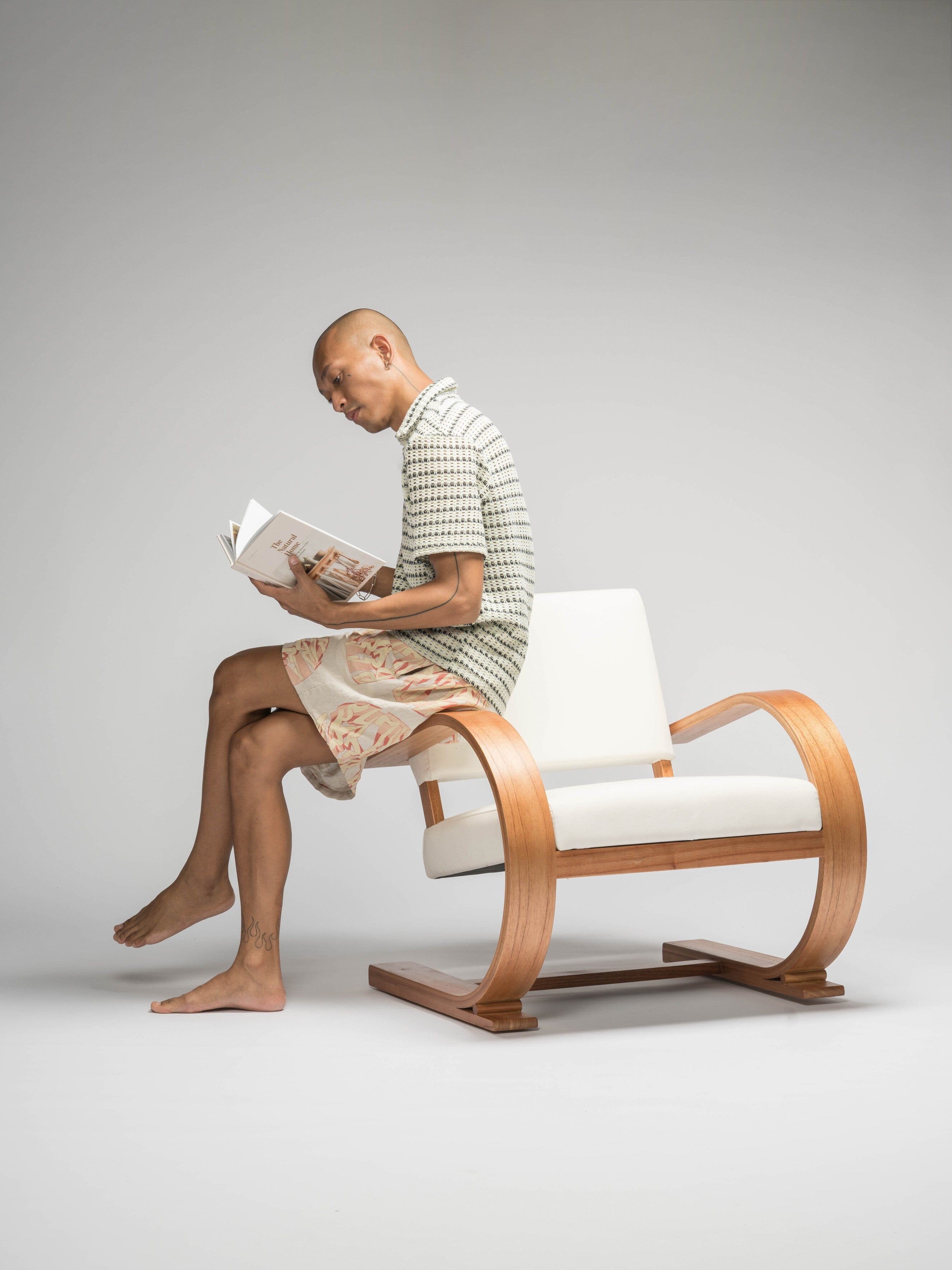 French Modernist Armchair - wooden armchair with linen - Larkwood Furniture