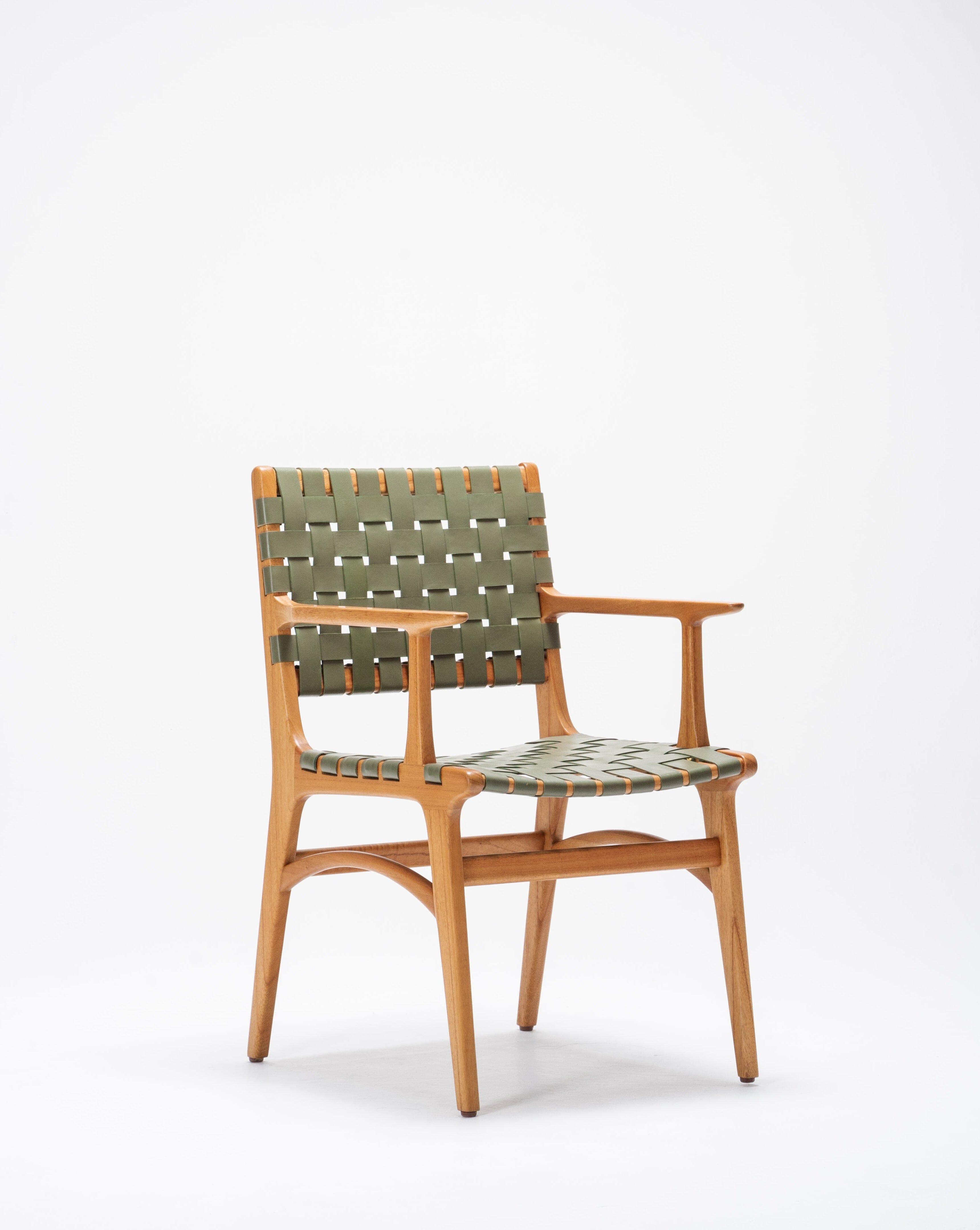 Full-Grain Sage Leather Woven Armchair - Arm Chair Dining Room - Larkwood Furniture
