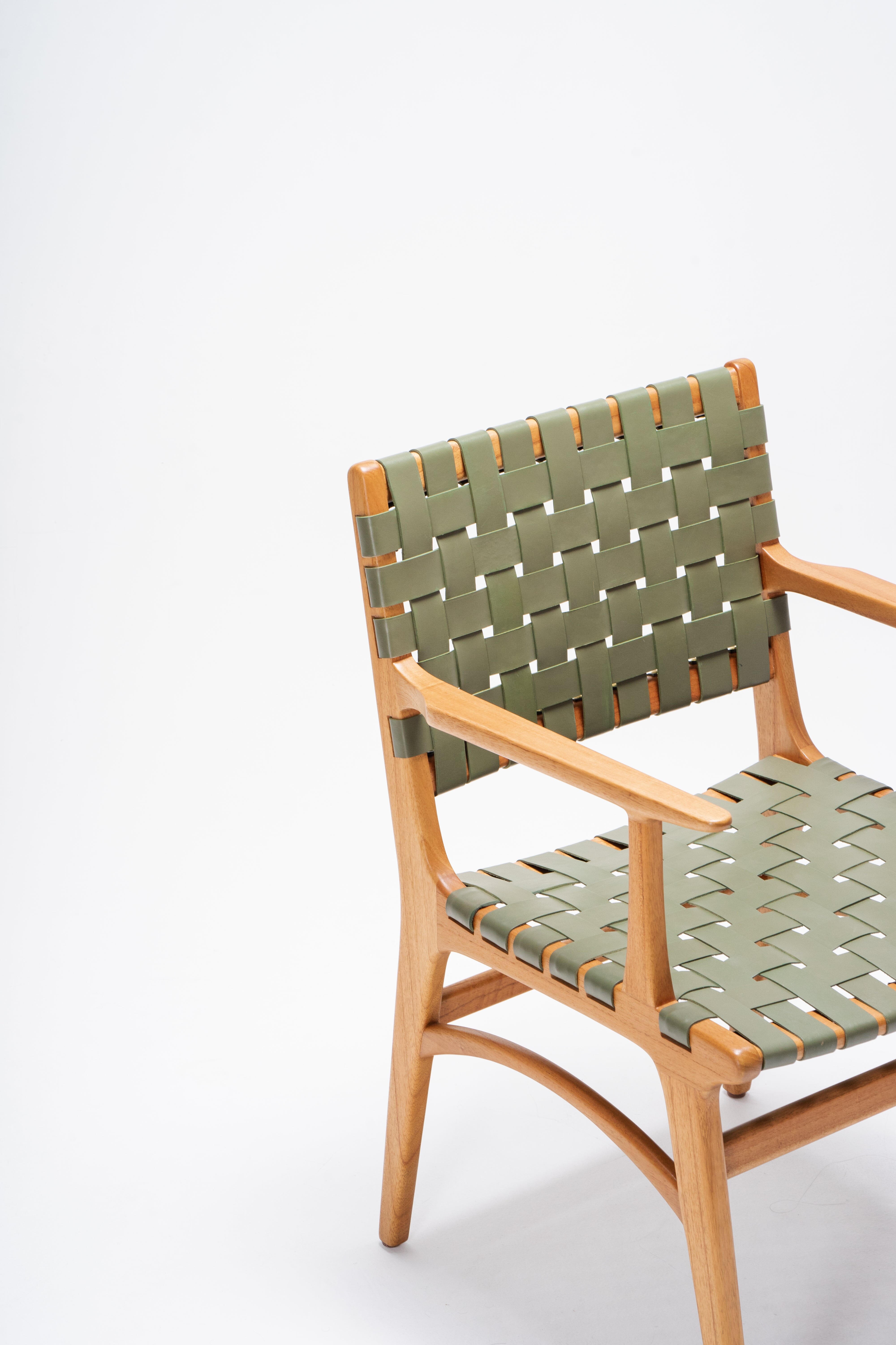 Full-Grain Sage Leather Woven Armchair - leather chairs wooden - Larkwood Furniture