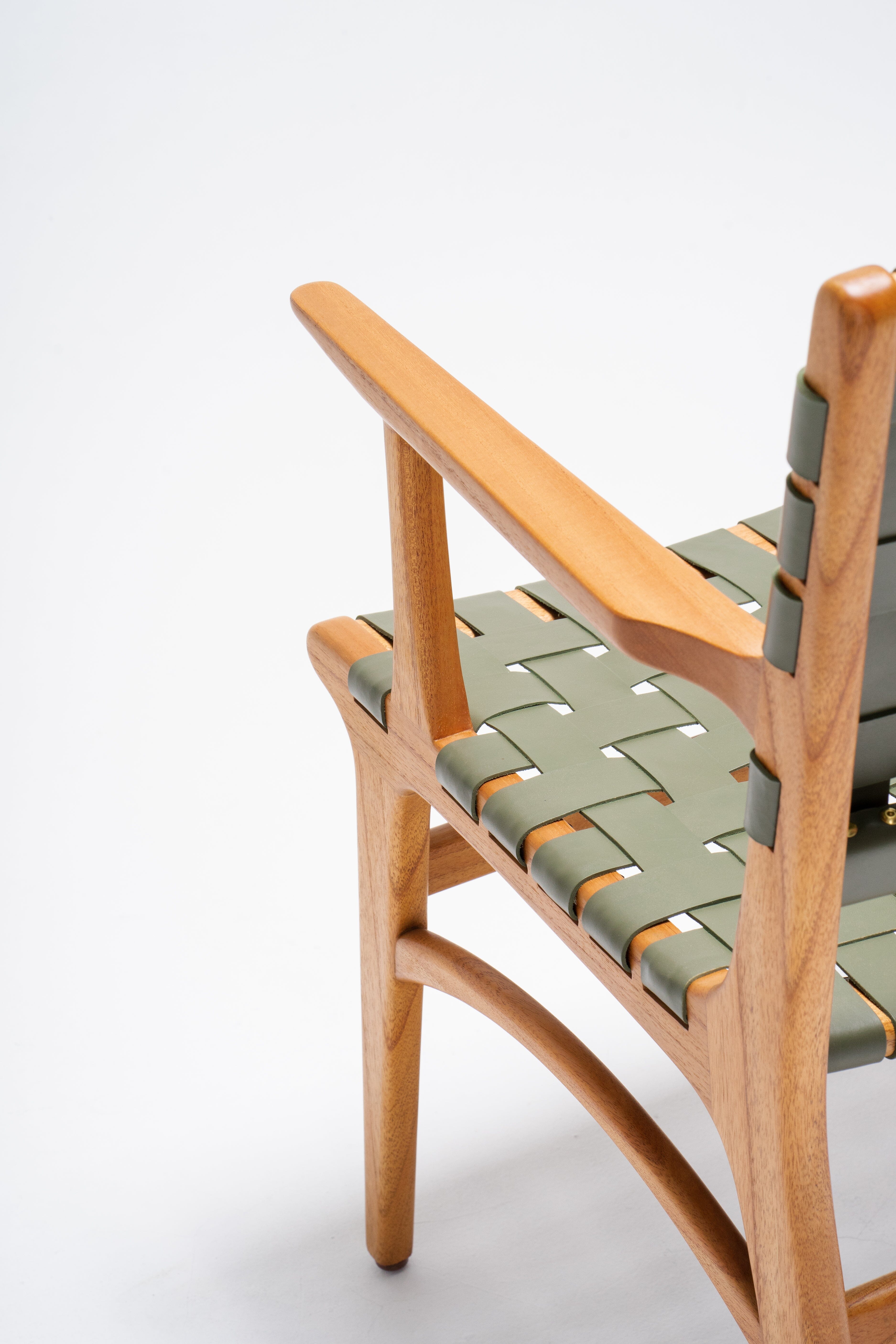 Full-Grain Sage Leather Woven Armchair - Dining Chair with Arm - Larkwood Furniture
