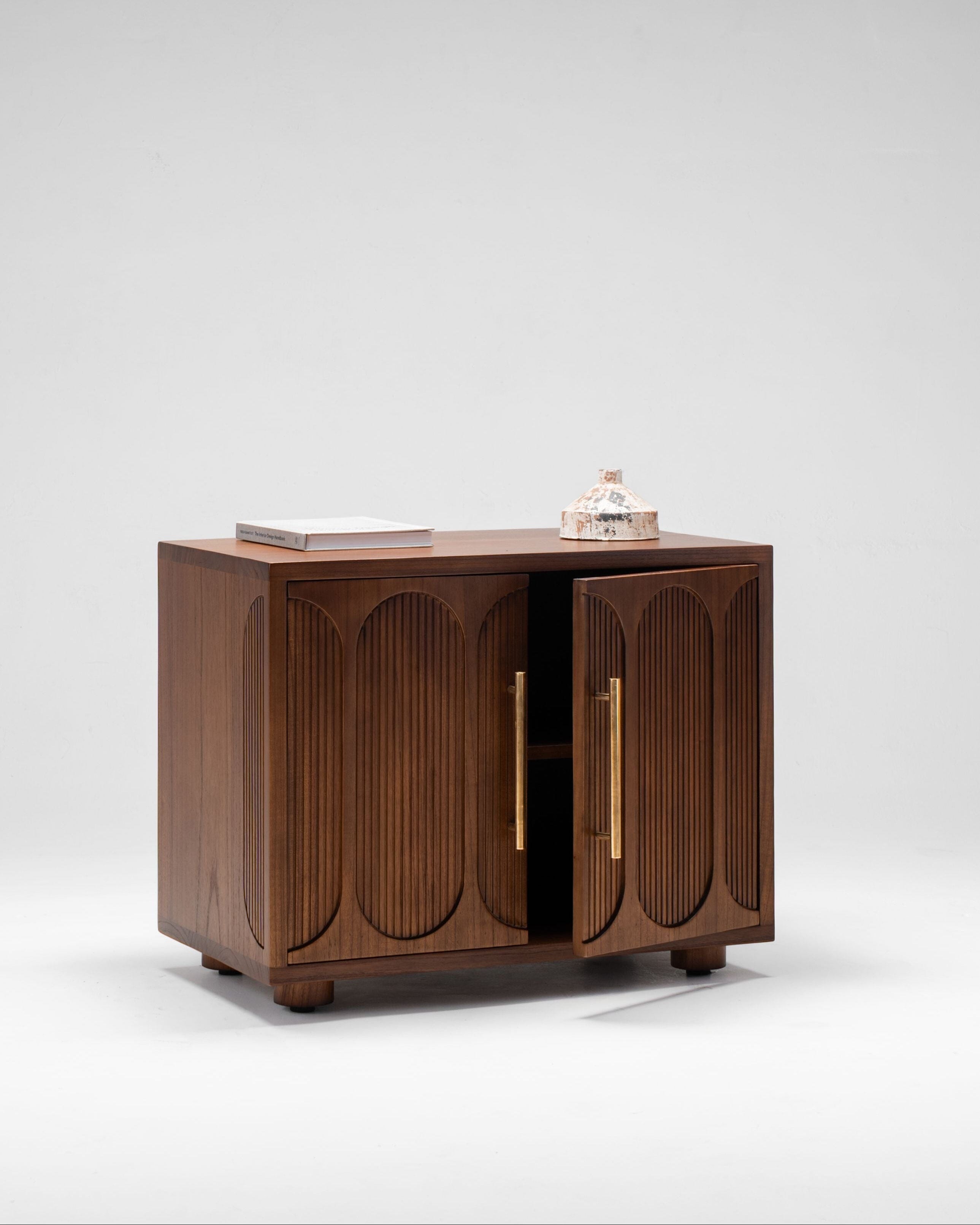 dark wood bedside night table, with 2 doors