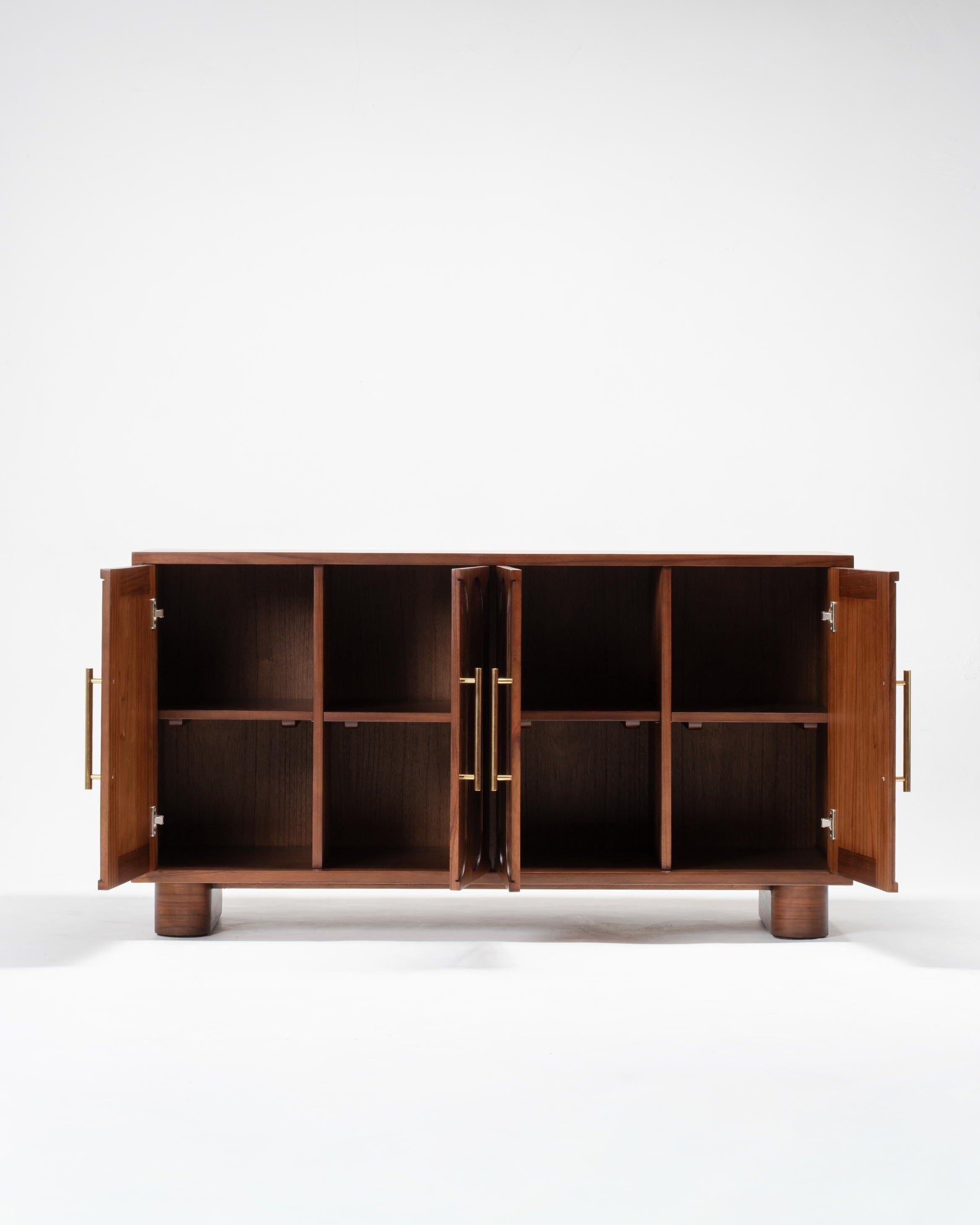 timber long cabinet with doors open, showing shelves inside