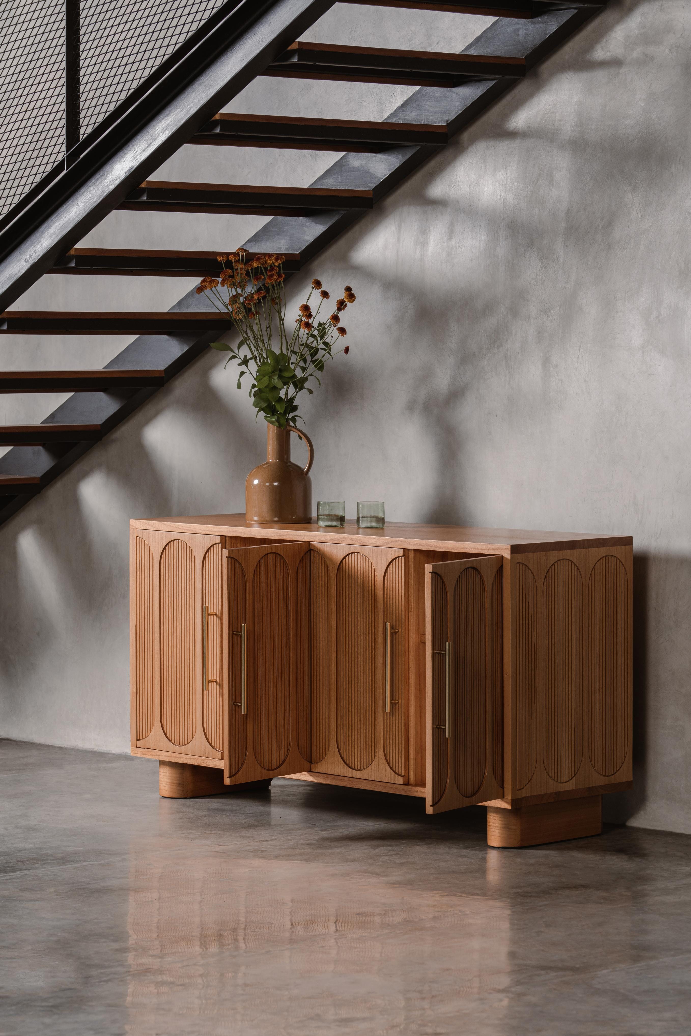 light timber sideboard storage console with doors open