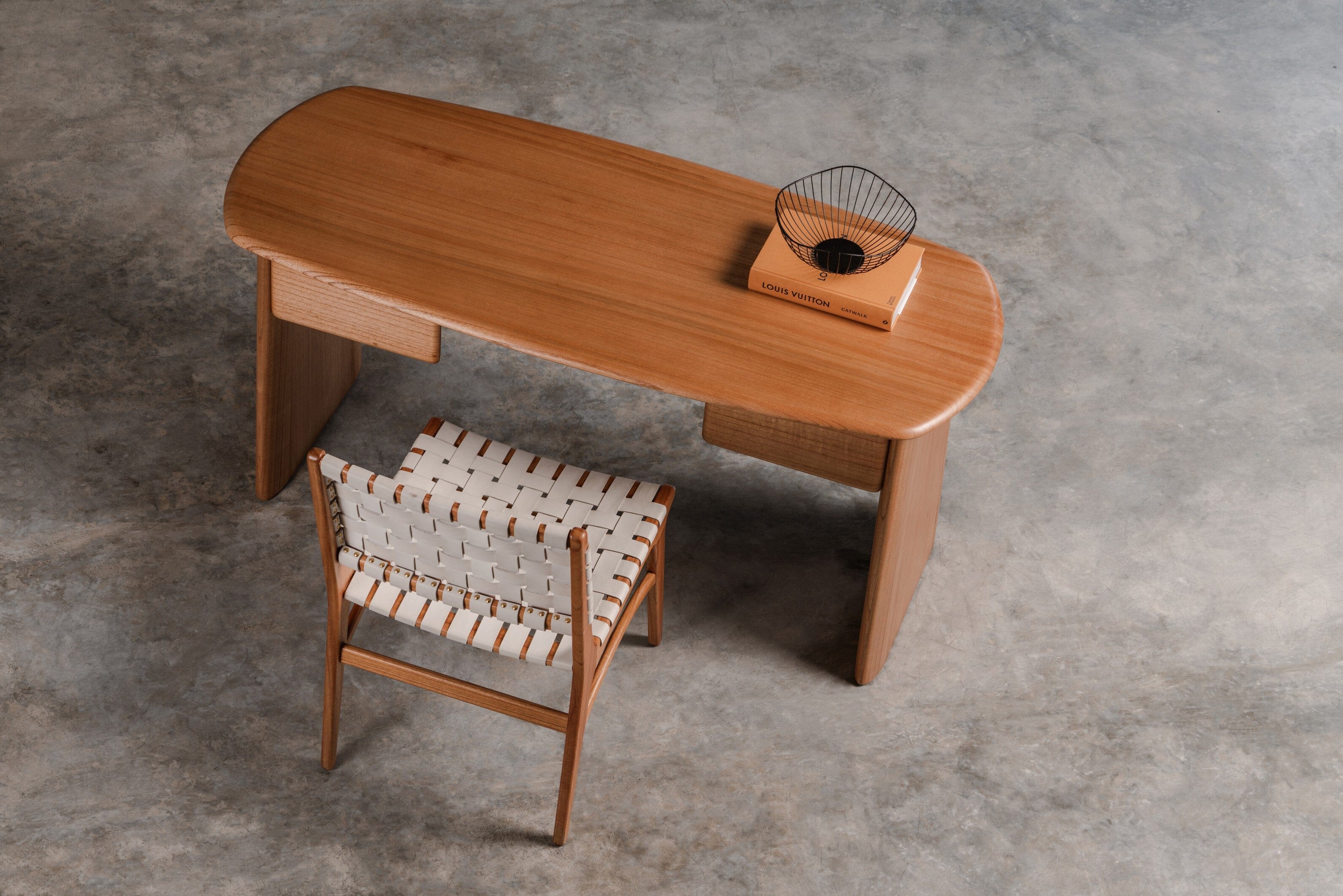 wide solid wooden desk, mindi wood