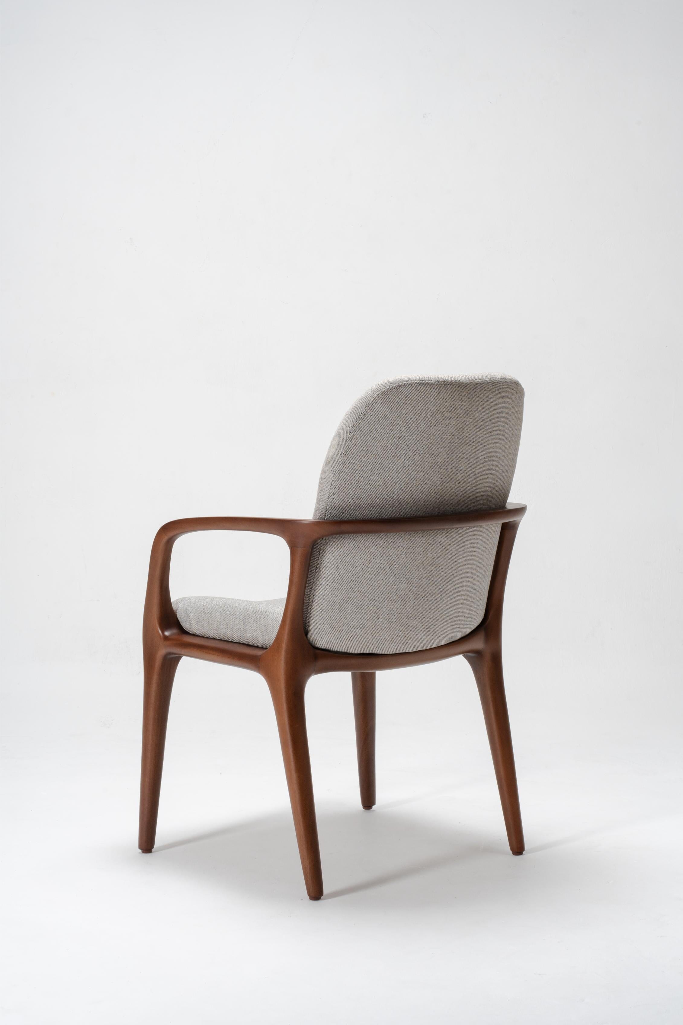 woodworking dining chair, mahogany wood, grey fabric