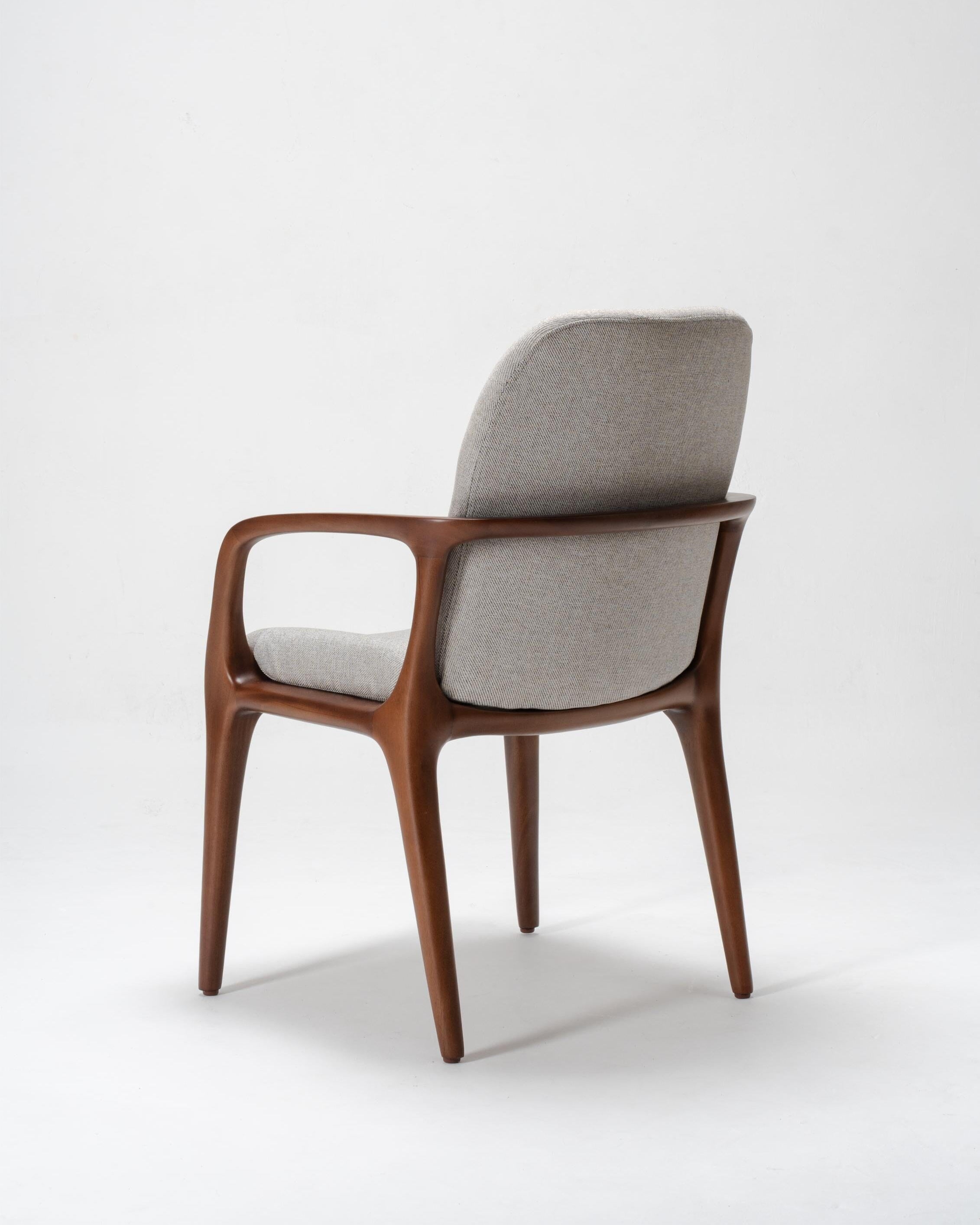 woodworking dining chair, mahogany wood, grey fabric