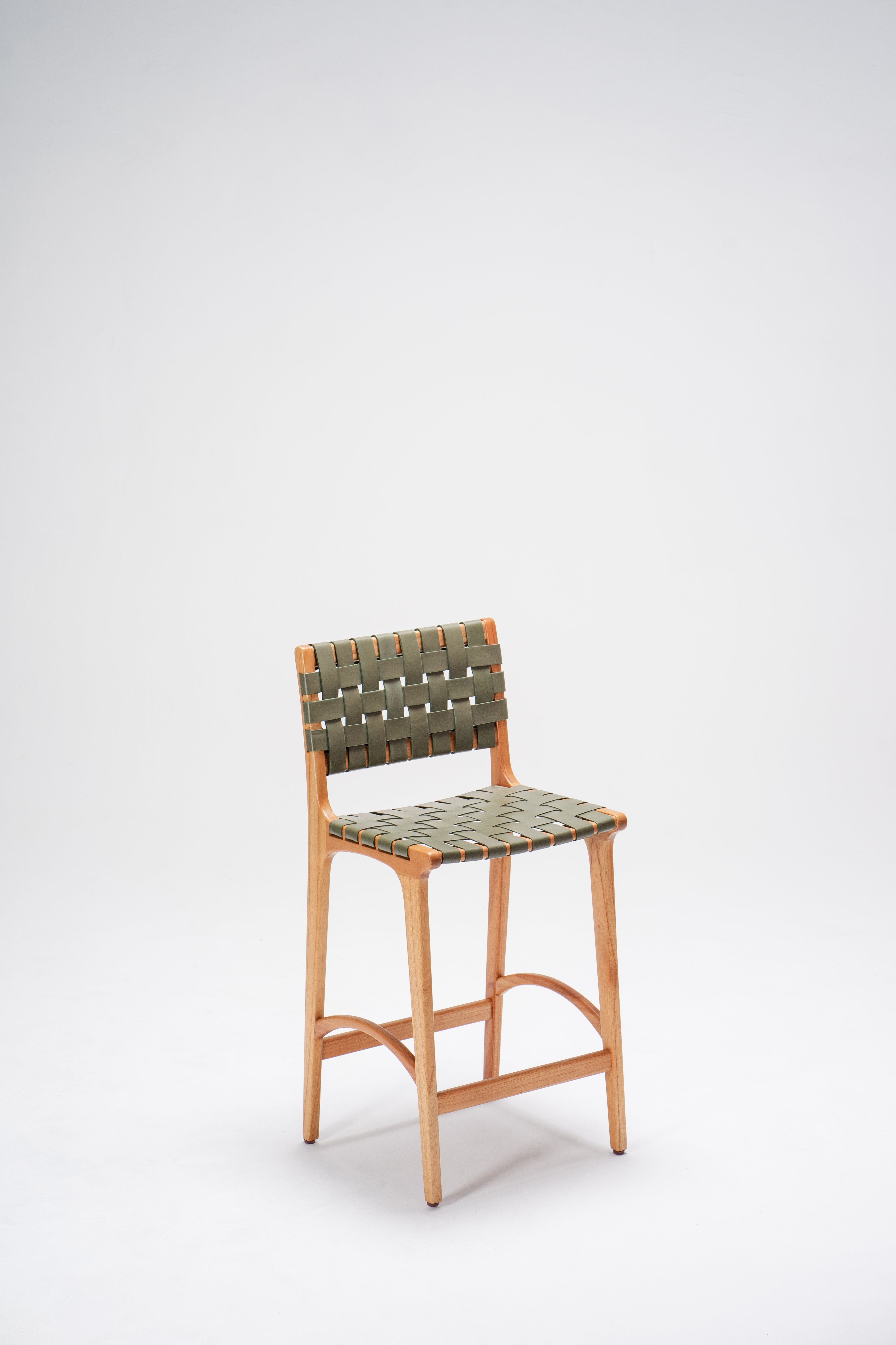 Sage Full-Grain Leather Woven Counter stool - wooden counter stools - Larkwood Furniture