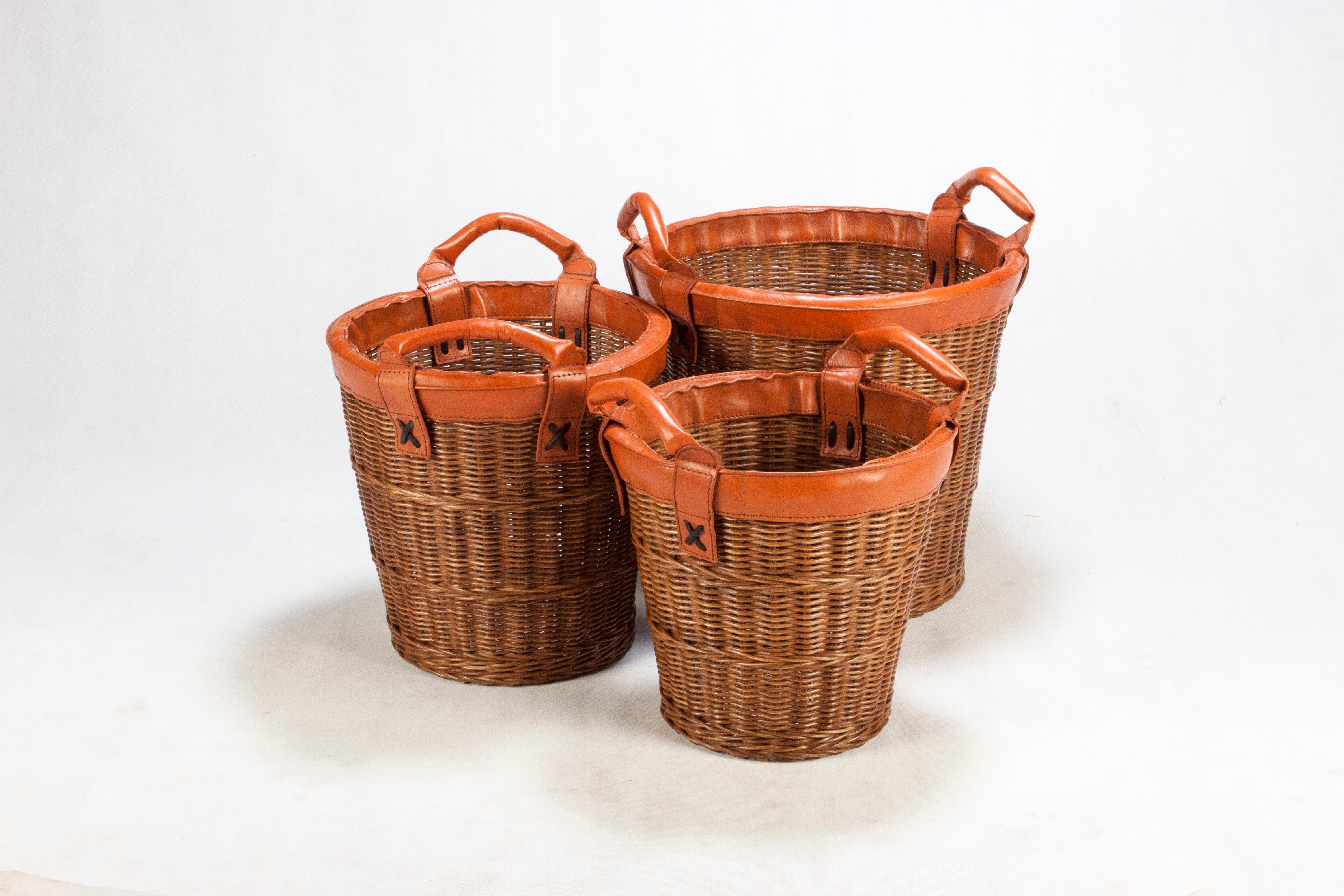 3 Piece Set of Safari Baskets | Leather and Rattan