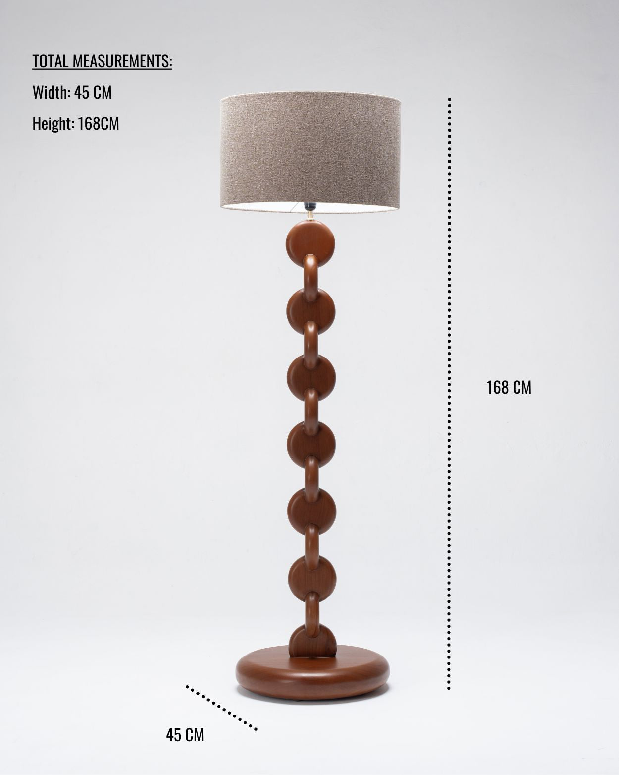 Floor lamp with wooden base and brown shade with dimensions