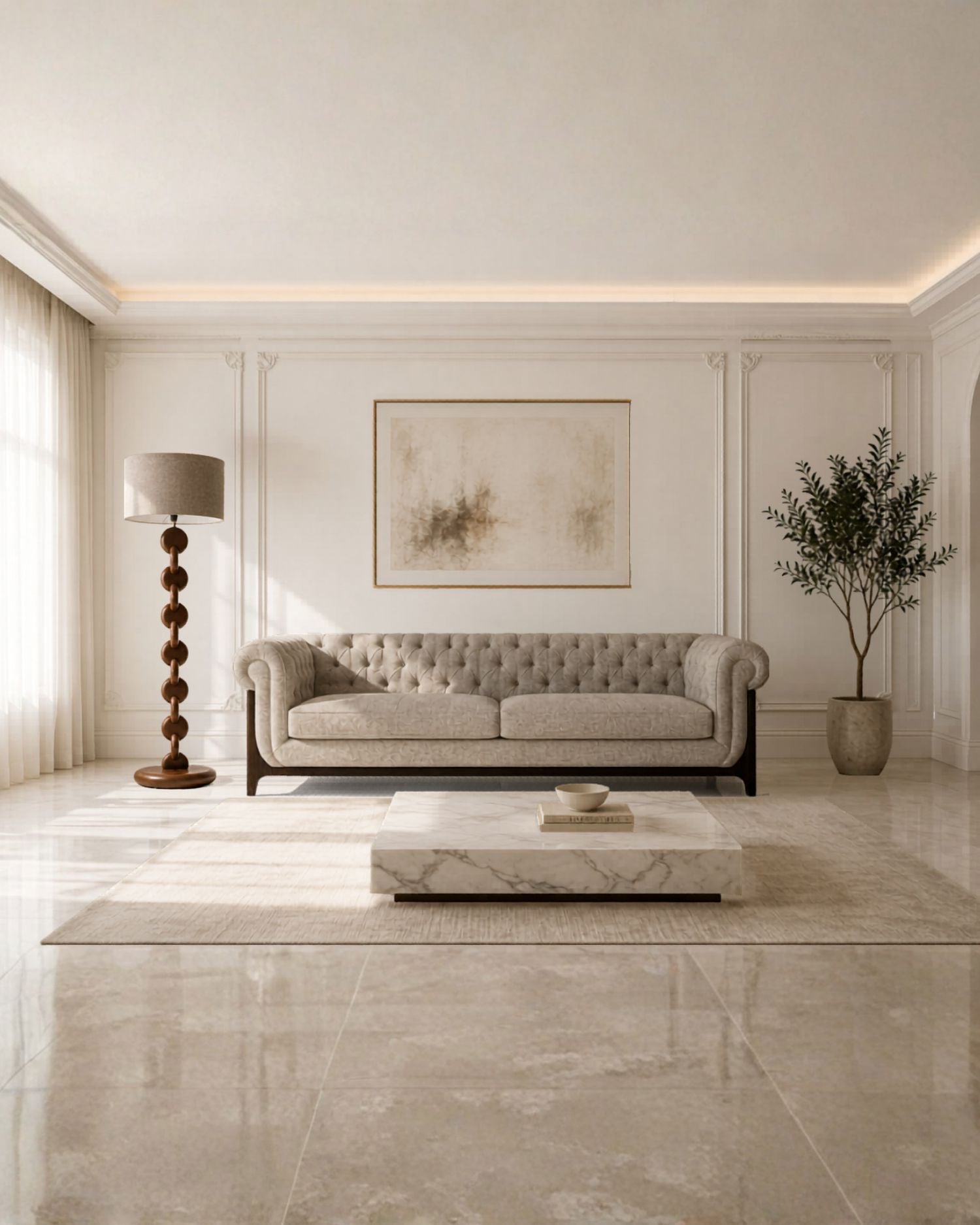 Modern living room with a beige sofa, marble coffee table, and wooden floor lamp
