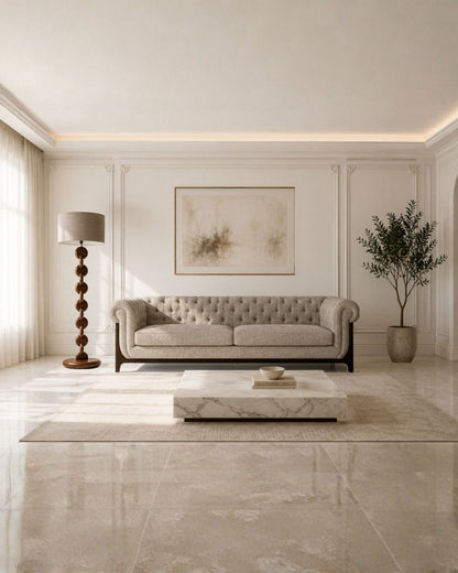 Modern living room with a beige sofa, marble coffee table, and wooden floor lamp
