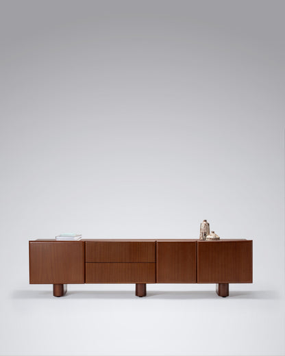 wooden dark entertainment unit, with drawers and doors
