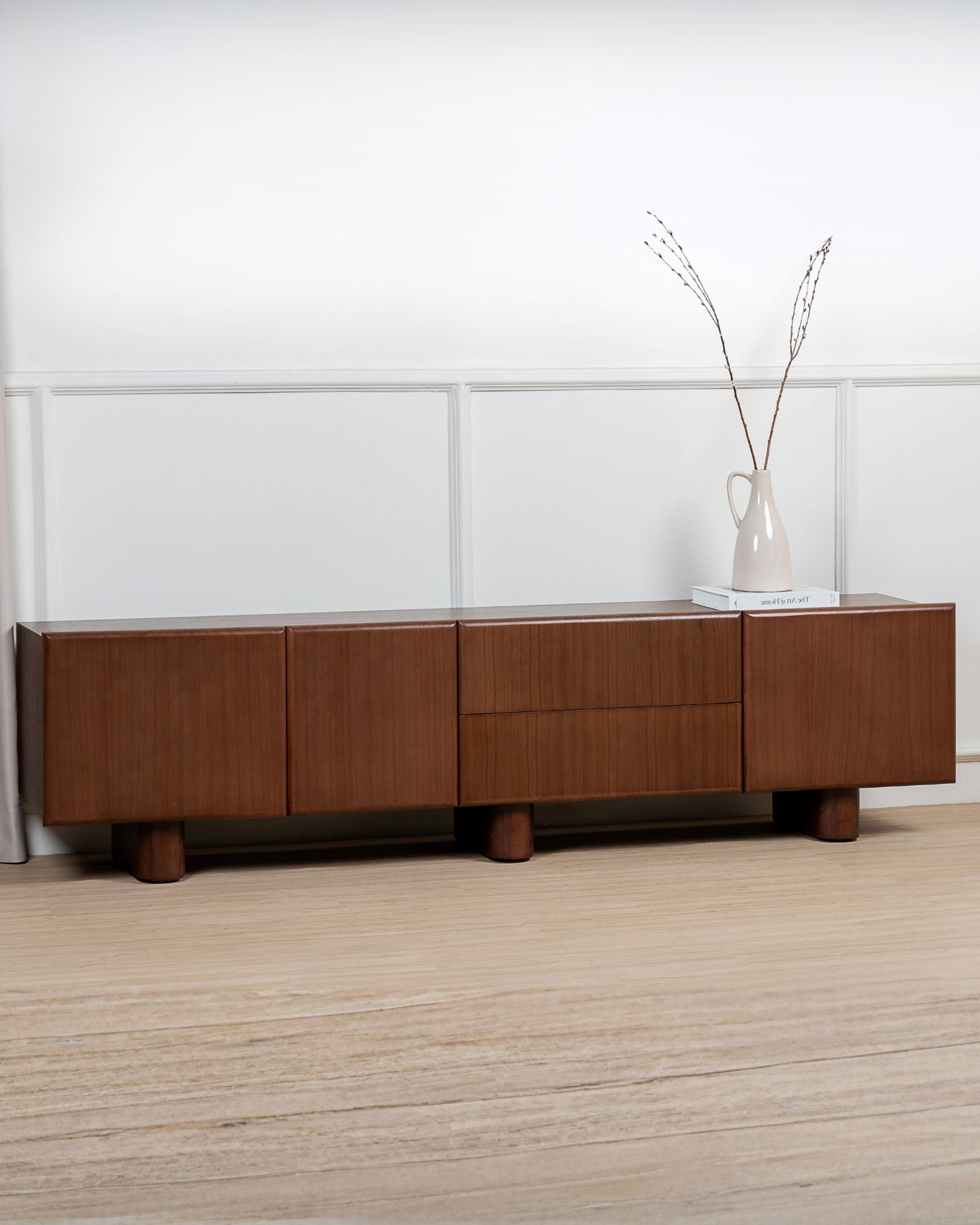 dark wooden tv console with doors and drawers