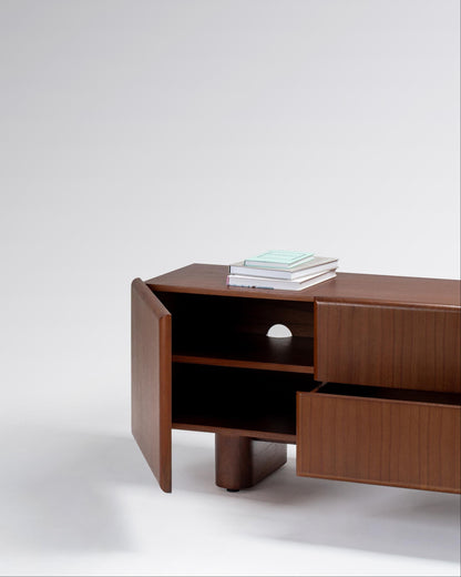 entertainment unit with drawers and shelves, in dark solid wood