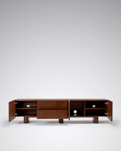 Wooden entertainment console with open shelves and drawers