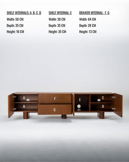 wooden tv console with full dimensions of drawers and shelves