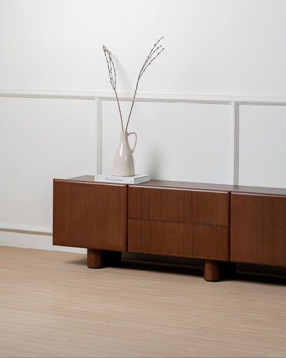 220 cm dark solid wood entertainment unit with drawers and doors