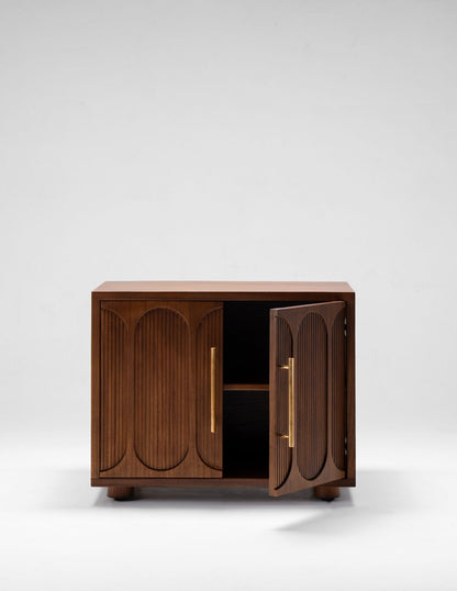 dark timber bedside cabinet with doors