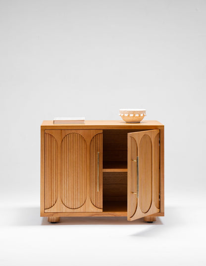 large timber bedside table with doors