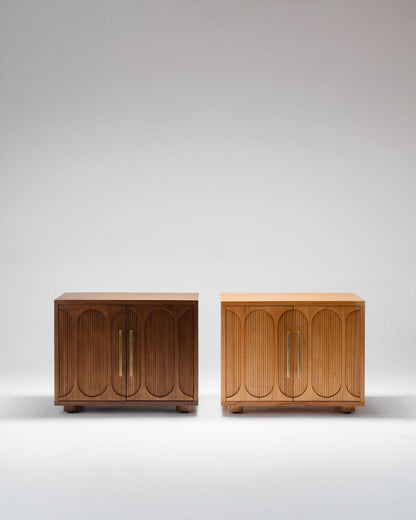 Two wooden nightstand, light and dark wood