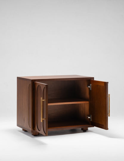 wooden bedside tables with open doors and spacious storage