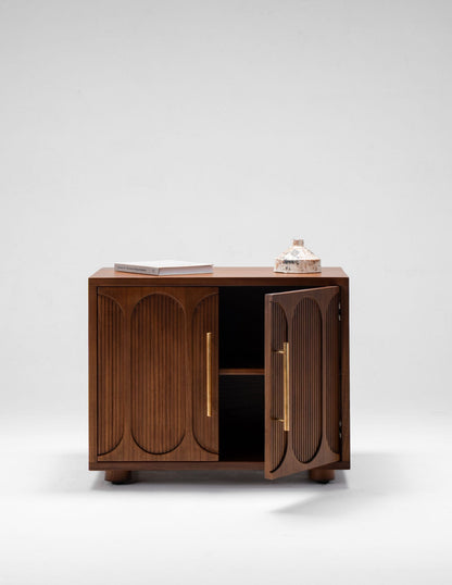 large wood nightstand with doors and brass handles