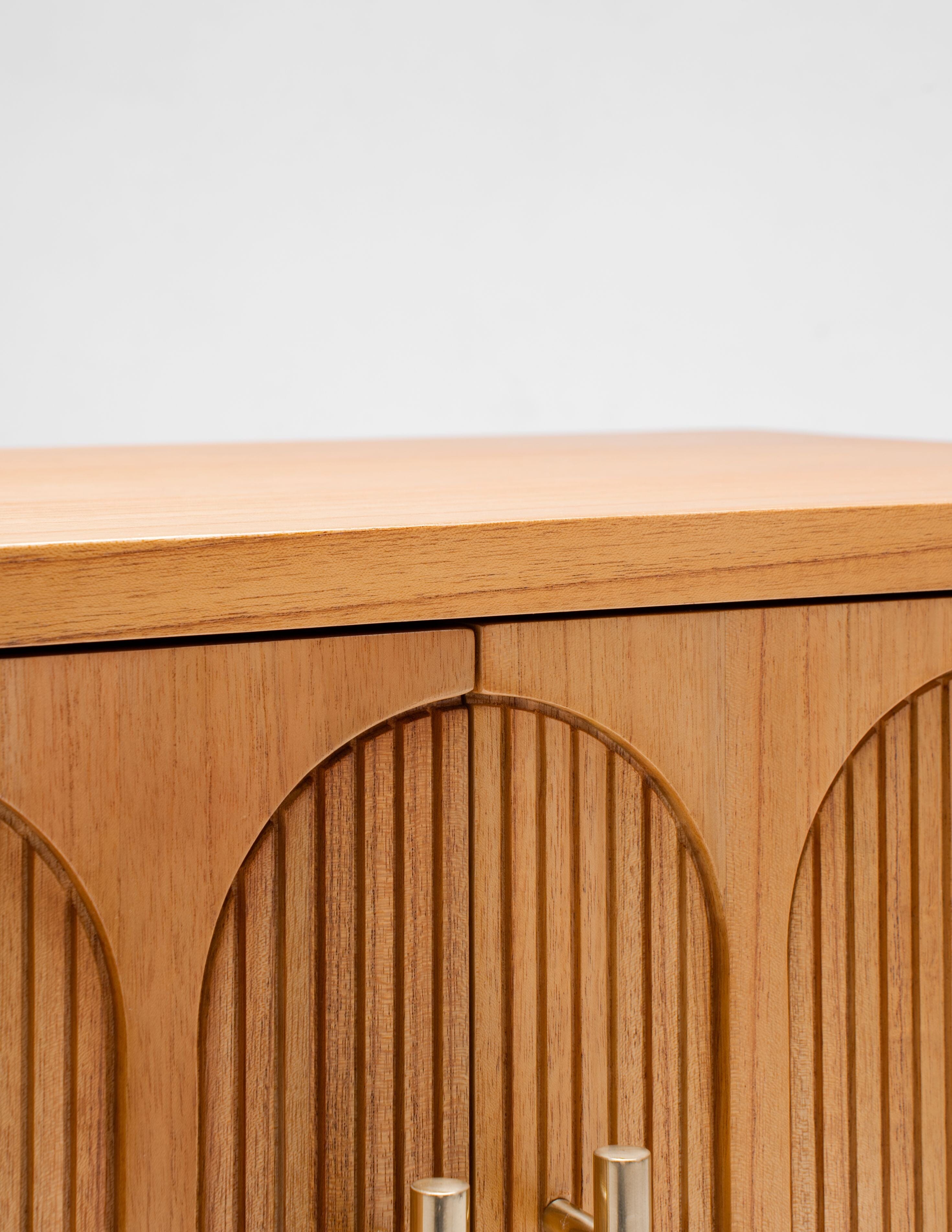 close up of timber bedside table