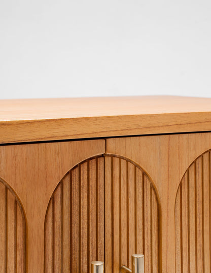 close up of timber bedside table