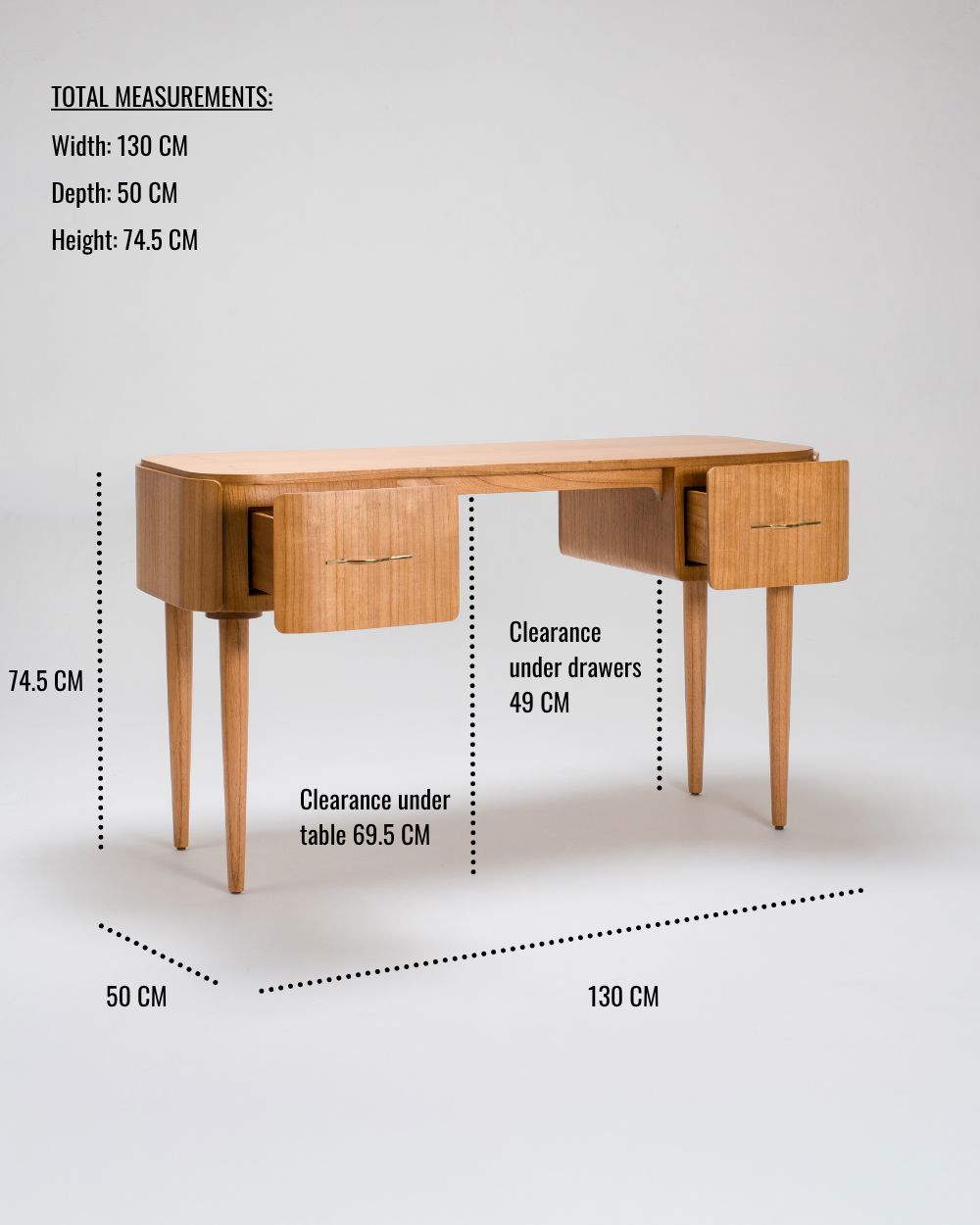 Wooden desk with dimensions labeled 