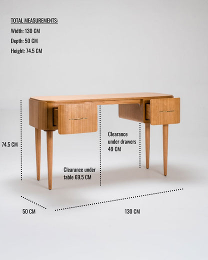Wooden desk with dimensions labeled 