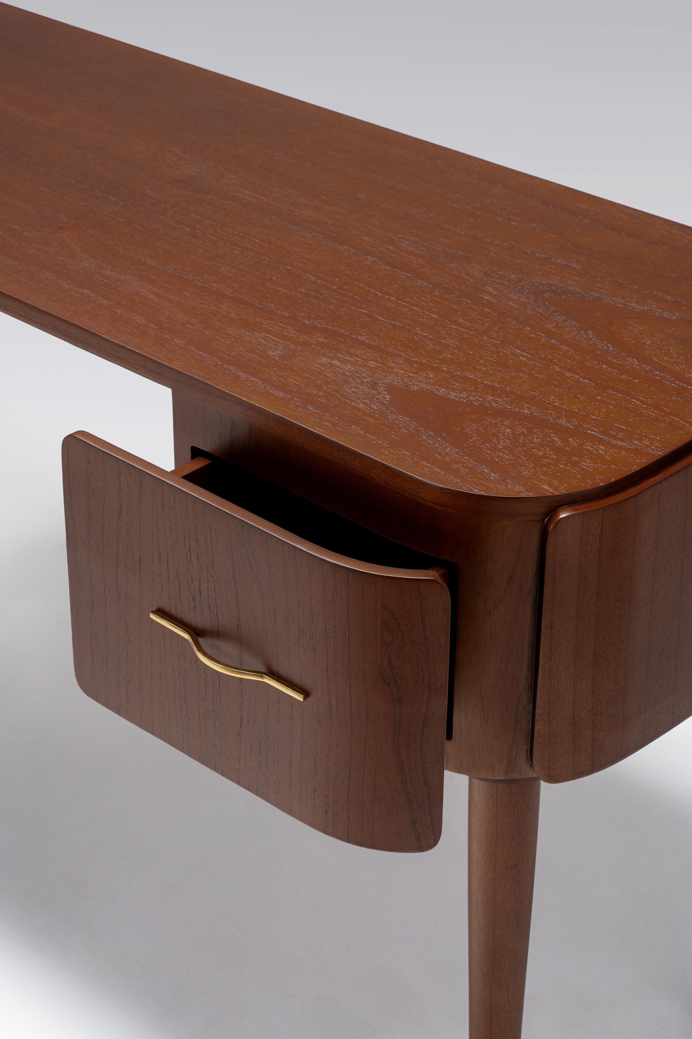 timber desk with drawers and brass handle