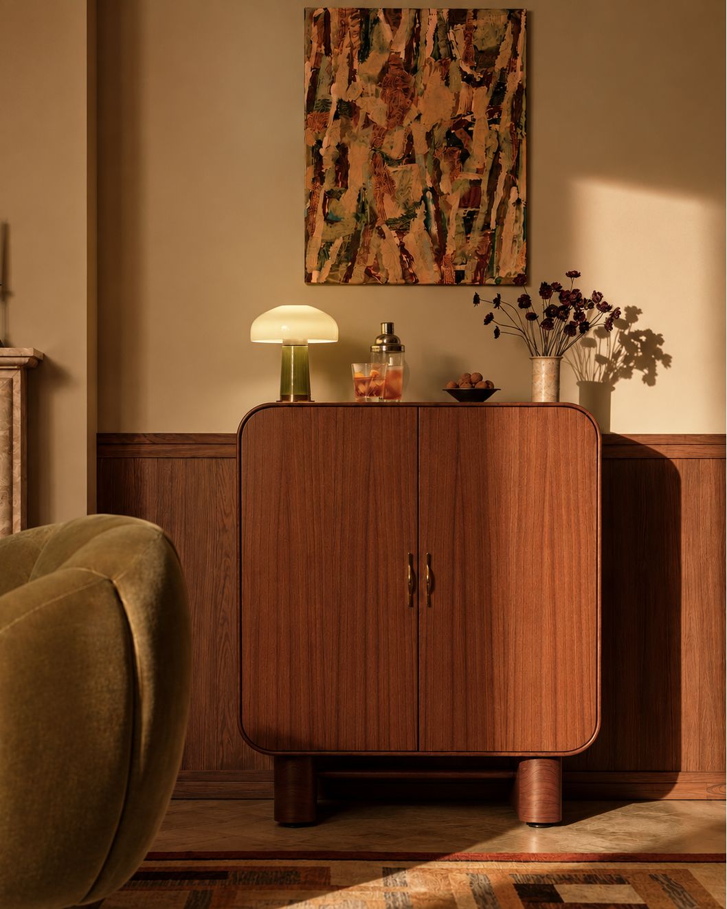 Wooden bar cabinet, in a decorated room