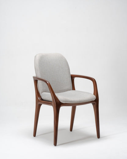 upholstered dining chair with mahogany wooden frame and grey fabric 