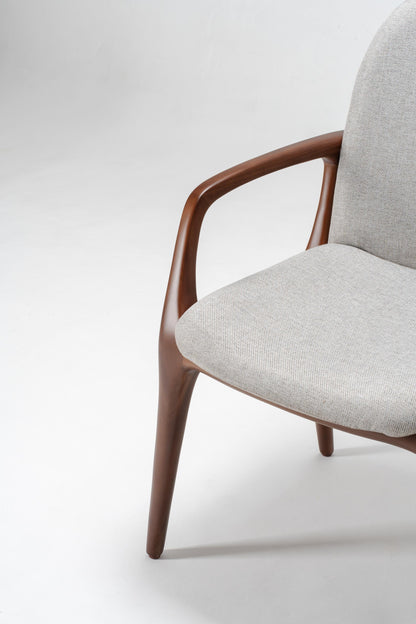 dining chair in wood, grey upholstered seat and back