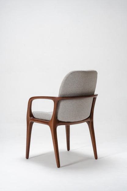 woodworking dining chair, mahogany wood, grey fabric