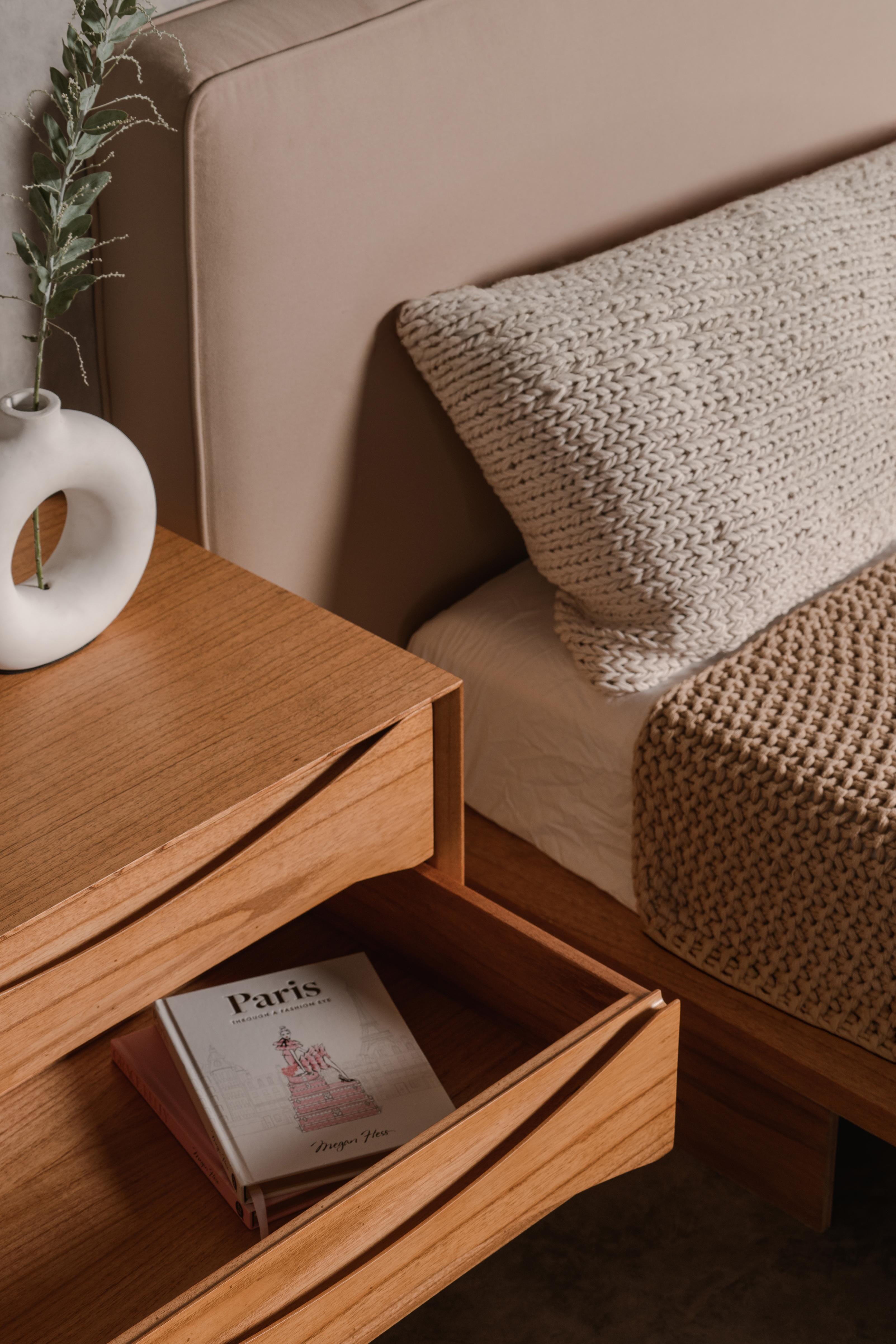 light wood nightstand, deep drawers, modern contemporary