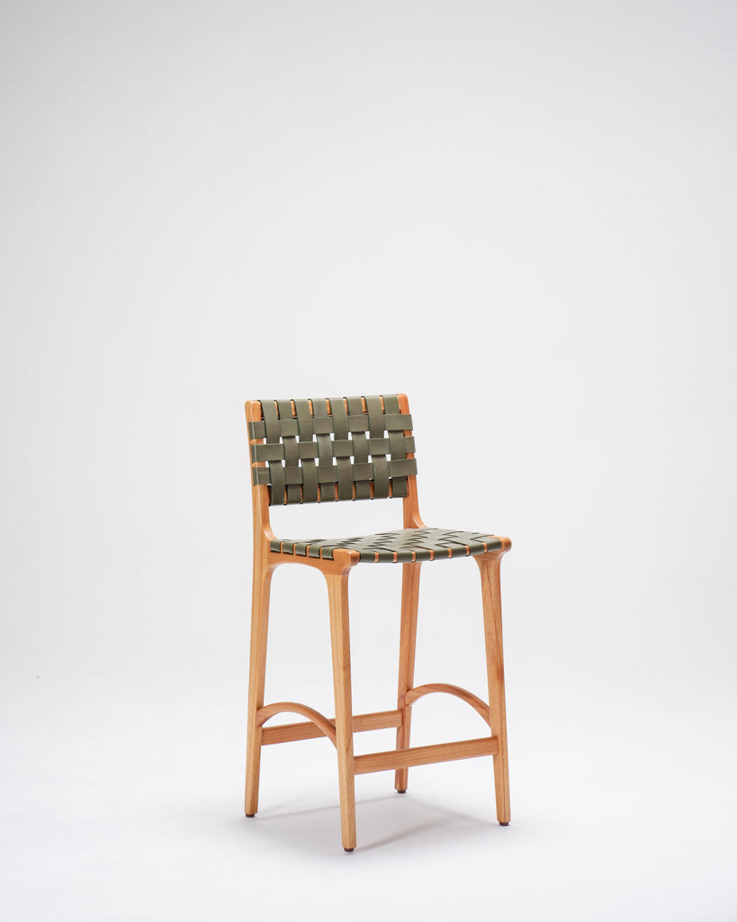 Sage Full-Grain Leather Woven Counter stool - wooden Leather woven counterstool - Larkwood Furniture