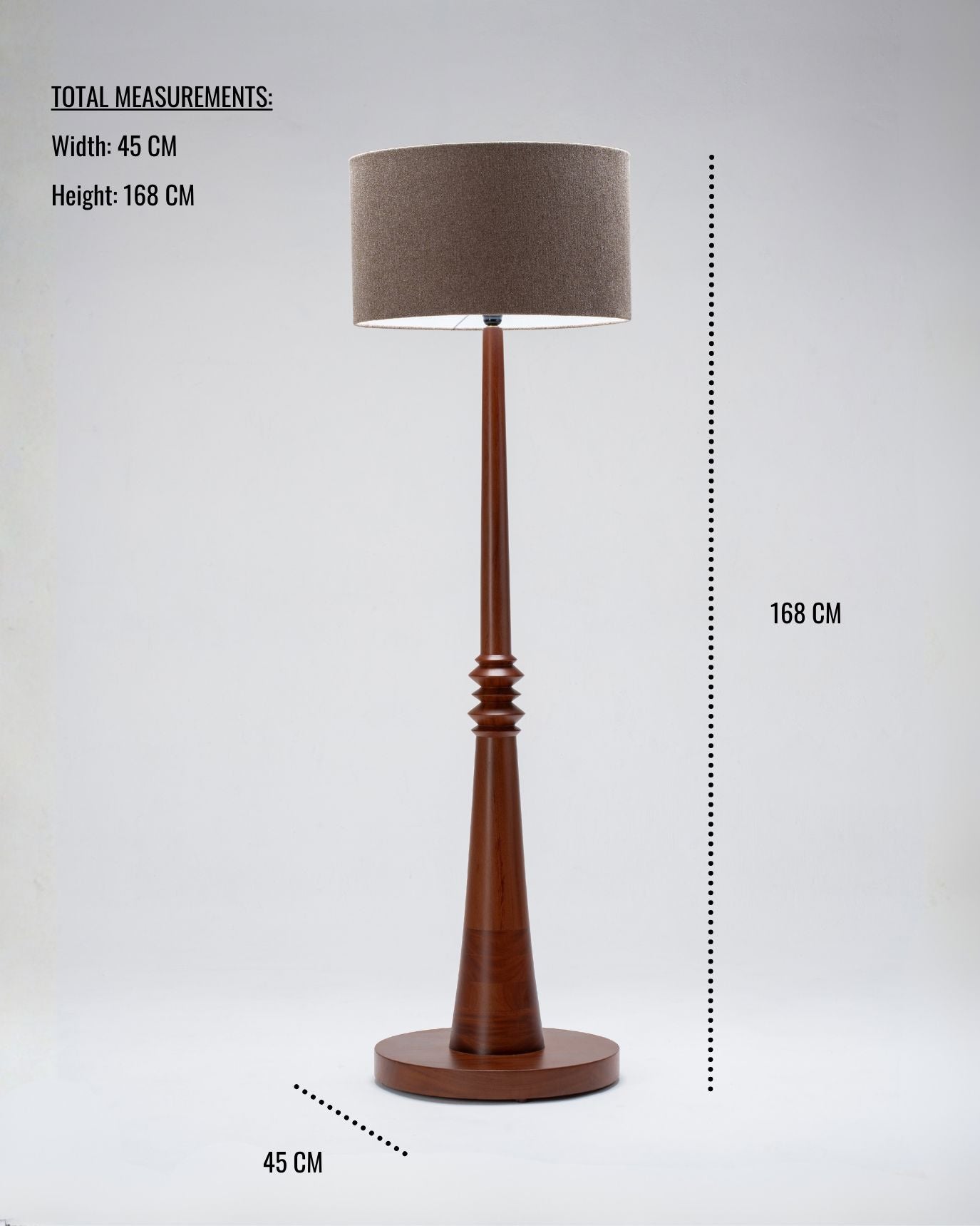 large wooden floor lamp shown with measurements on a white background