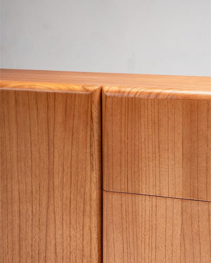 Close-up of a wooden tv console